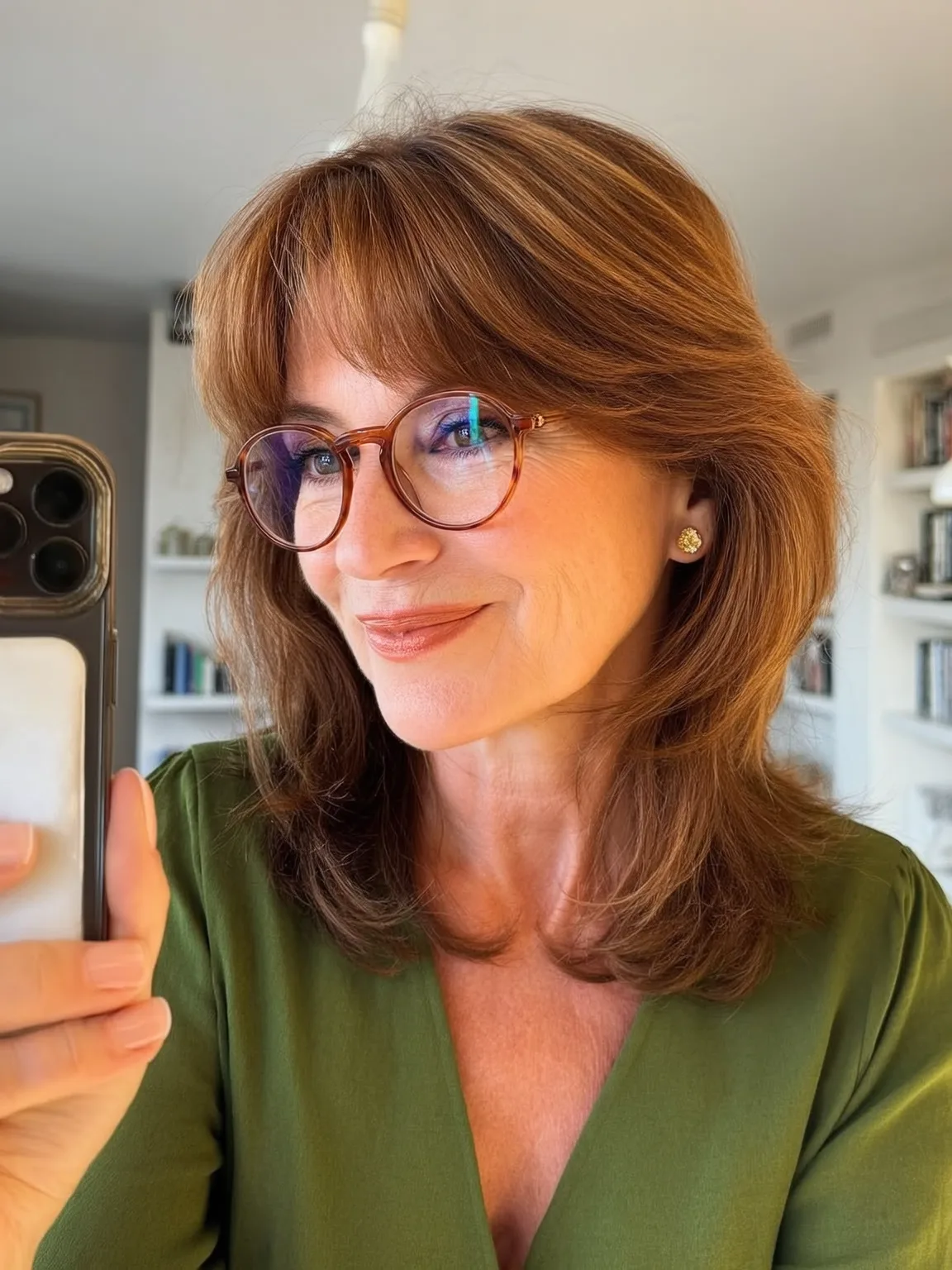 Shoulder-Length Warm Chestnut Brown Layered Bob with Curtain Bangs